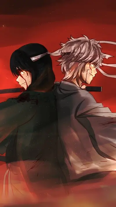 Two bloody figures back-to-back, red background