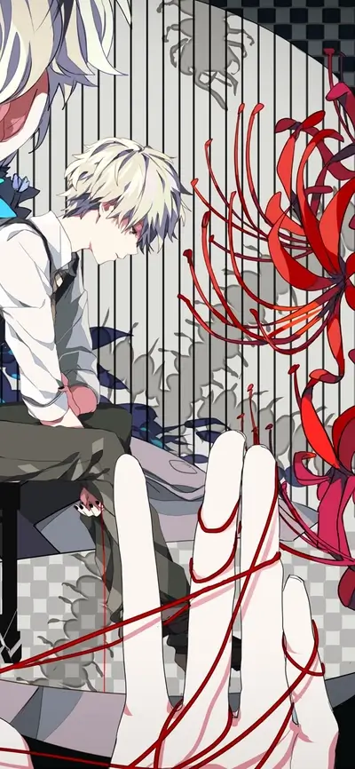 Two boys bound by red threads, red spider lilies