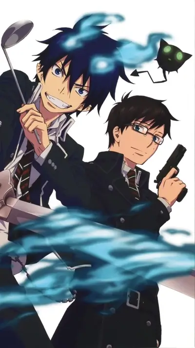 Two boys in dark suits, one wielding a ladle, the other a gun