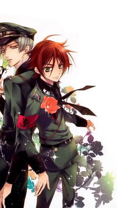 Two boys in military uniforms, roses and sparkles in the background