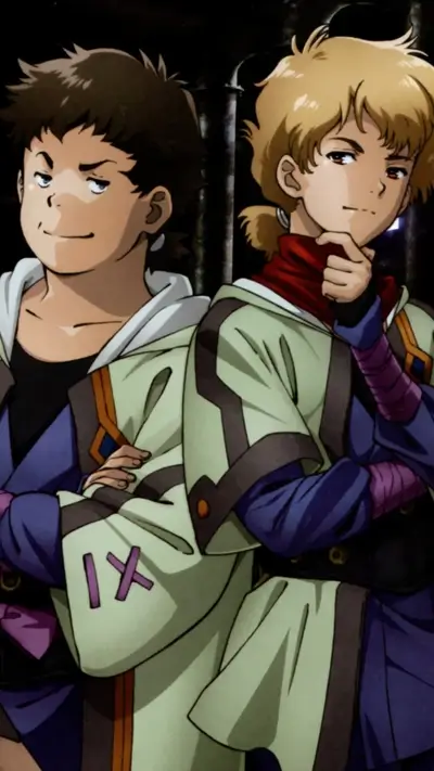 Two boys in stylized clothing stand back to back