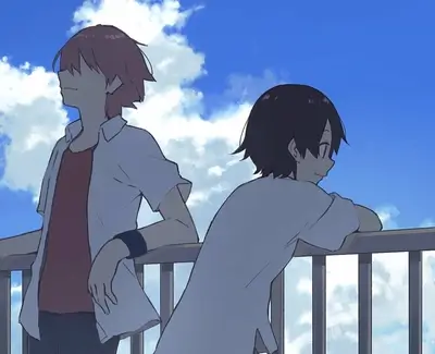 Two boys leaning on a balcony railing against a blue sky
