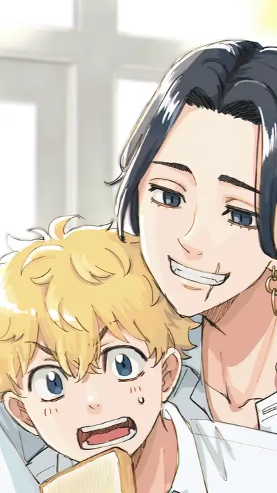 Two boys, one with blond hair and one with dark hair, smiling