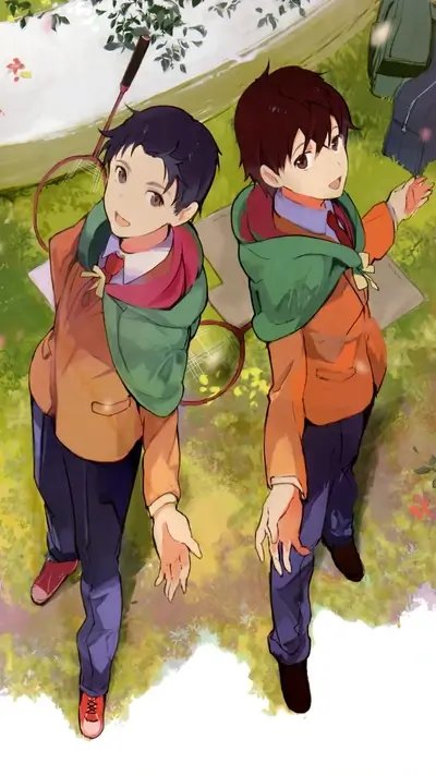 Two boys outdoors, relaxing under a tree.
