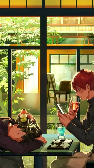 Two boys relaxing at a cafe, one sleeping