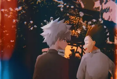 Two boys standing close together, in a garden