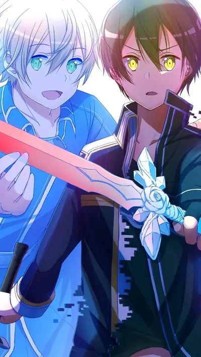 Two characters and a sword from Sword Art Online