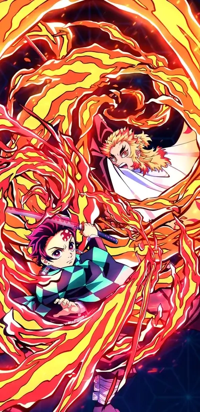 Two characters clashing amidst fiery, swirling energy