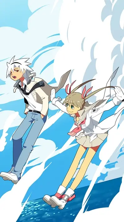 Two characters flying through the sky