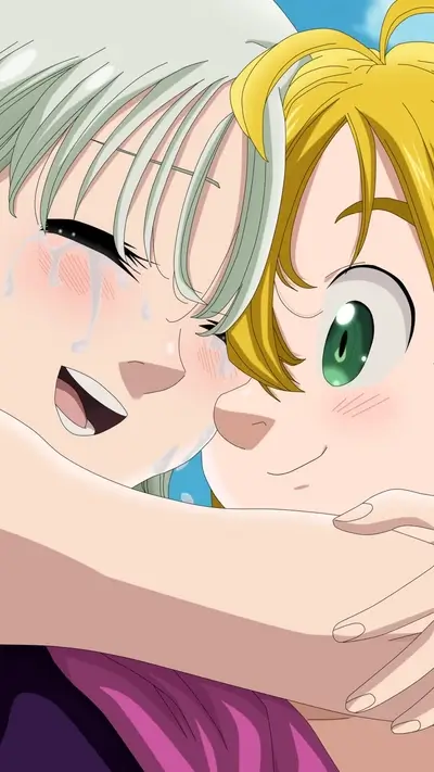 Two characters hugging, one crying with a smile, the other smiling