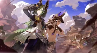 Two characters in desert-like scenery