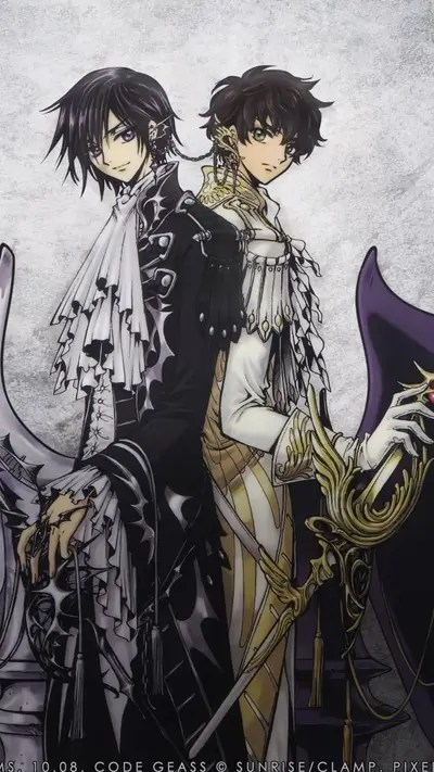 Two characters in elaborate clothing, one holding a sword