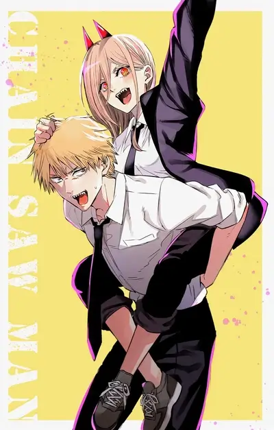 Two characters in uniform piggybacking with colorful background