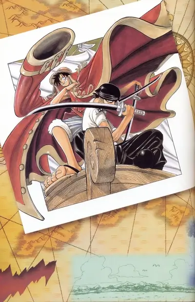 Two characters on a boat, one with a red cape, the other with swords