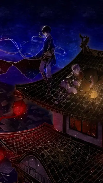 Two characters on rooftops at night, lantern light illuminates, serene night