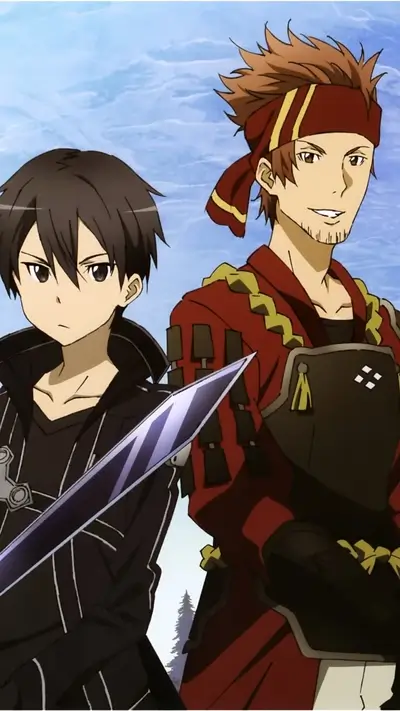 Two characters, one wielding a sword, in a bright anime scene