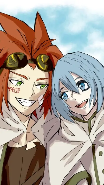 Two characters, one with goggles and red hair, the other with blue hair