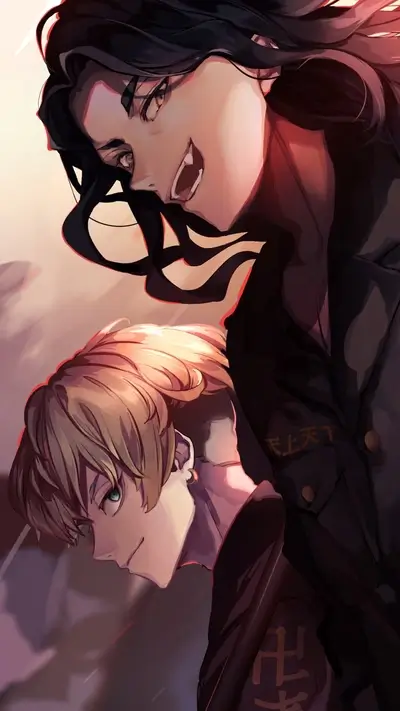 Two characters portrait, one with menacing look, the other smiling, in a warm lightning