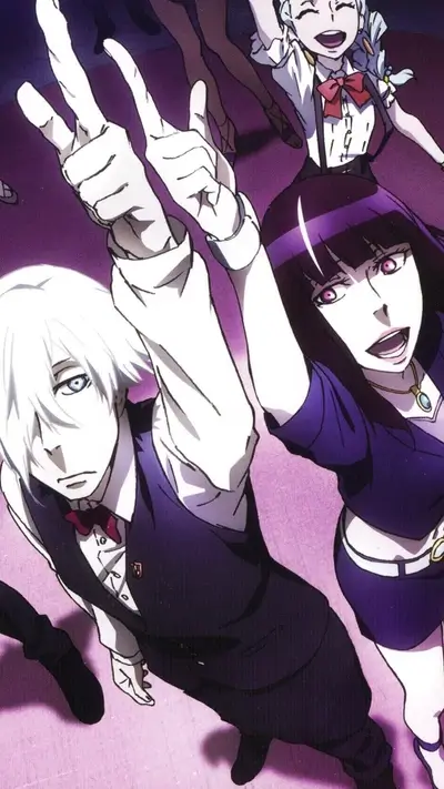 Two characters posing playfully, another in the background