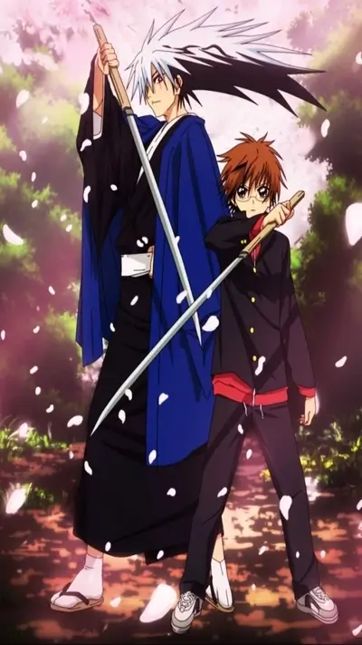 Two characters posing with swords, standing in a serene outdoor setting