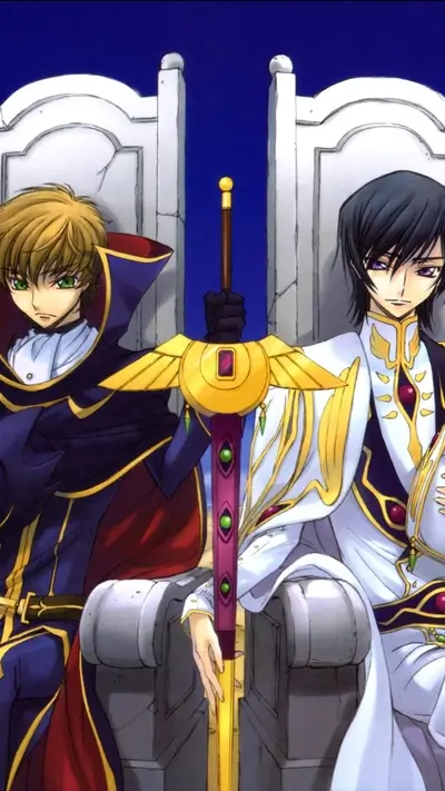 Two characters sitting on thrones with a sword