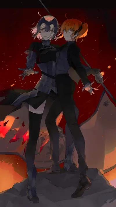 Two characters stand on a rock, red background