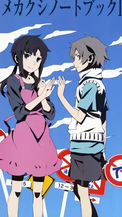 Two characters standing among the road signs