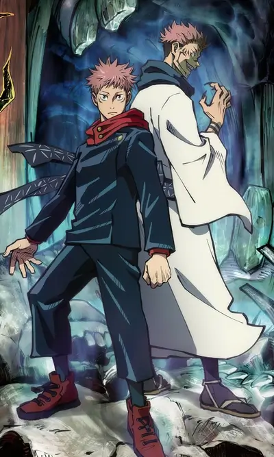 Two characters standing in a dark, mysterious place