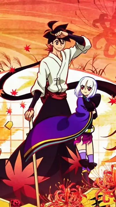 Two characters standing in a Japanese-style setting