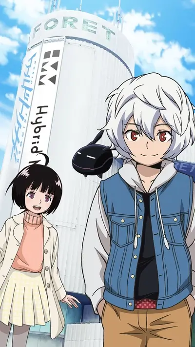 Two characters standing in front of a building