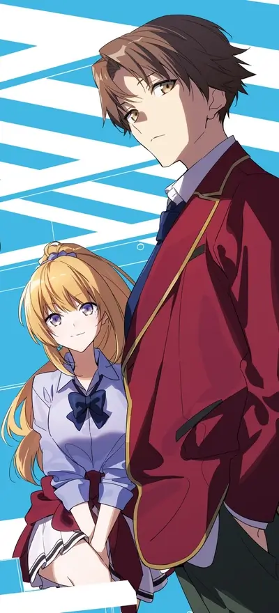 Two characters standing together, possibly students with uniform, one looks serious