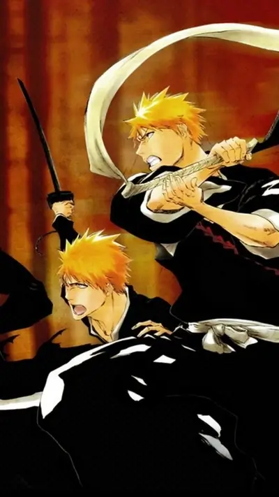 Two characters wielding swords, intense expressions