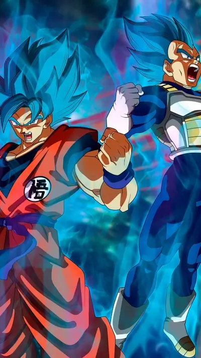 Two characters with blue hair and intense expressions