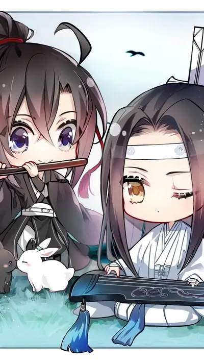 Two chibi characters playing musical instruments