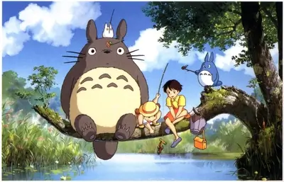 Two children fishing with Totoro and a catbus