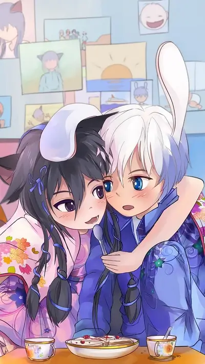Two cute anime characters sharing cake