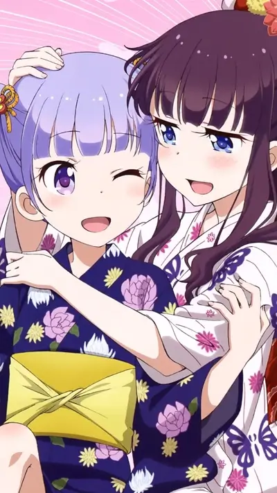 Two cute anime girls in yukatas smiling together cheerfully