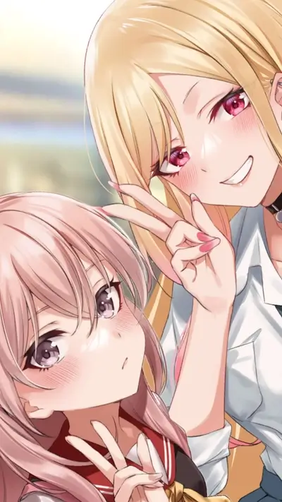 Two cute anime girls taking selfie with peace signs, smiling slightly