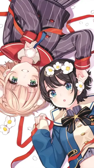 Two cute anime girls with flowers and ribbons