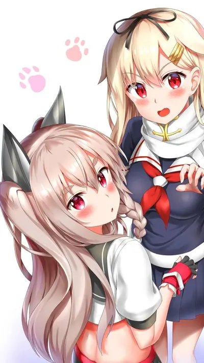 Two cute anime girls with red eyes posing together