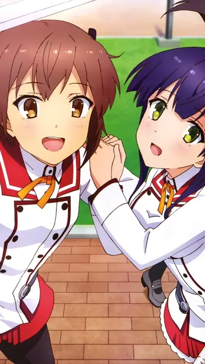 Two cute anime schoolgirls smiling, holding hands, posing together