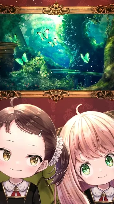 Two cute girls looking at a painting of a magical forest