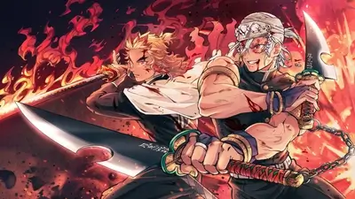 Two demon slayers clashing amidst fiery chaos