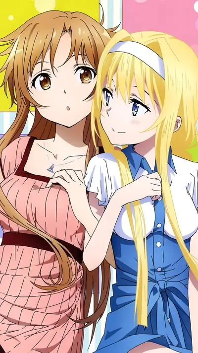 Two female anime characters together, cheerful expression