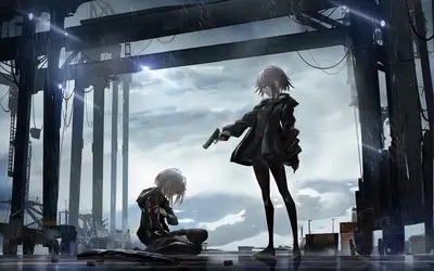 Two female characters in a rainy, industrial setting with a tense confrontation