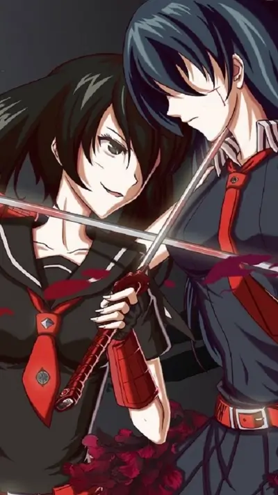 Two female characters with swords, dark outfits, and red accents
