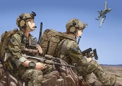 Two female soldiers in camouflage uniforms with backpacks and rifles
