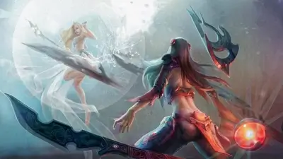 Two female warriors clashing amidst a blizzard