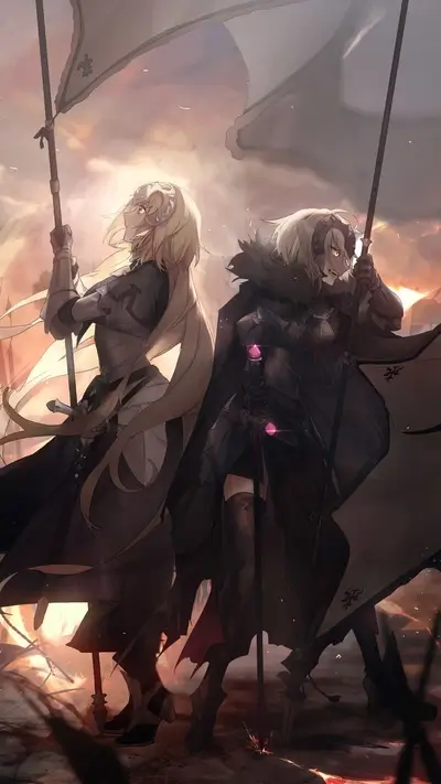 Two female warriors stand back to back, holding flags