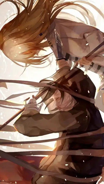 Two figures clashing with a weapon, light background